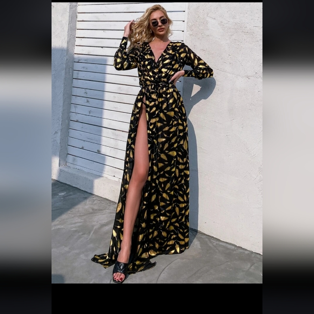 Missord Surplice Neck Belted Split Thigh Gold Feather Print Dress